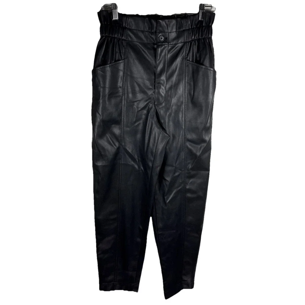 Madewell With Tags Black Vegan Faux Leather Paper Bag Tapered Ankle Pants 4 - Picture 1 of 14
